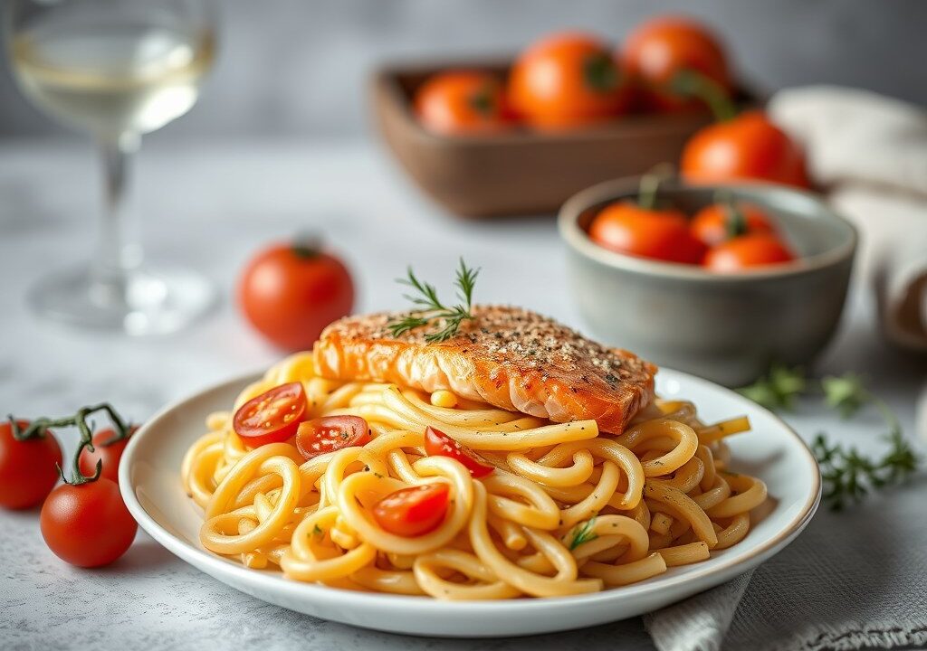 Macaroni met verse zalm — AI-gegenereerde illustratie
