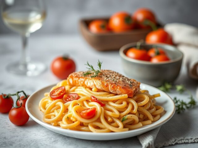 Macaroni met verse zalm — AI-gegenereerde illustratie