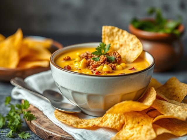 Maissoep met tortillachips — AI-gegenereerde illustratie