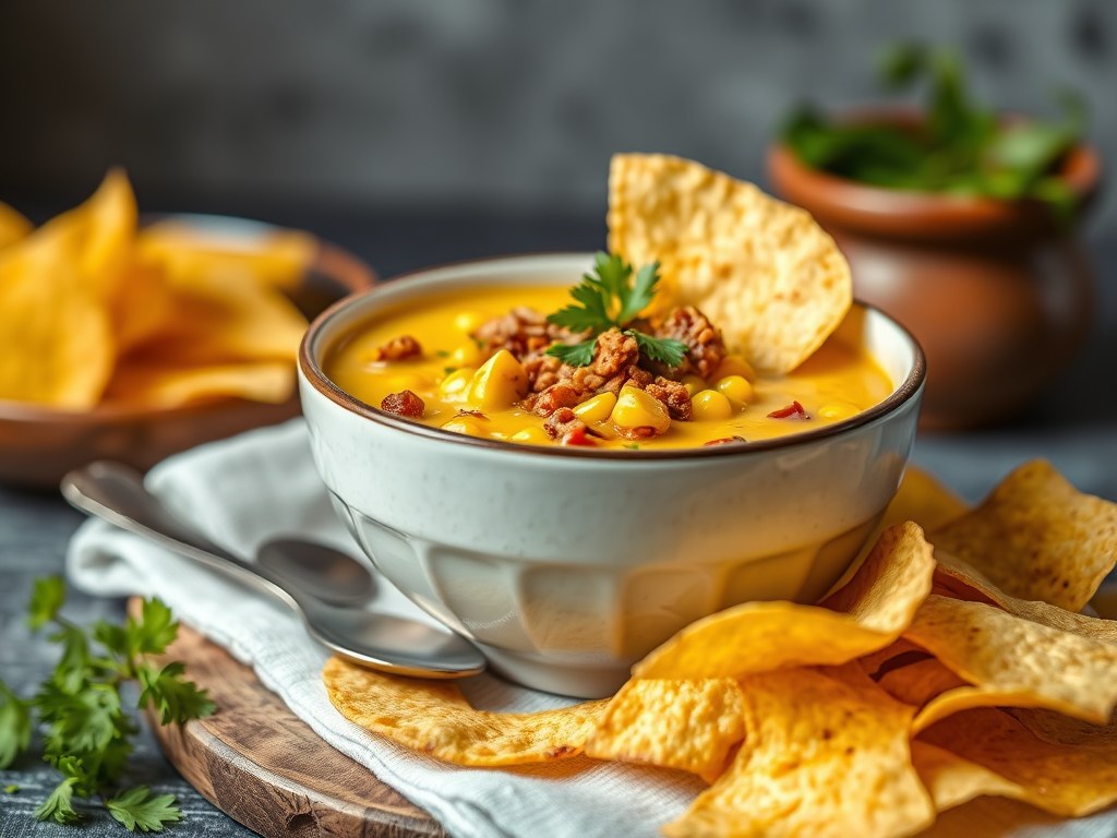 Maissoep met tortillachips, AI-gegenereerde illustratie