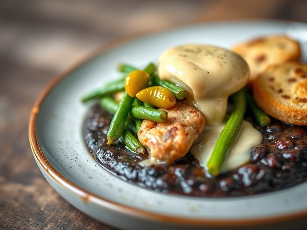 Mals varkenshaasje op een bedje van Blackwell saus met groene boontjes en kroketten, AI-gegenereerde illustratie