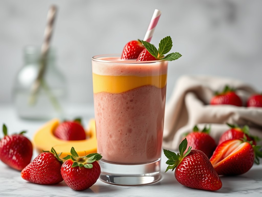 Mango-aardbeiensmoothie, AI-gegenereerde illustratie