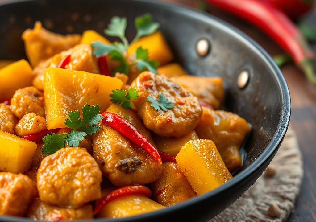 Mango-paprikacurry met kipschnitzel en kruidenrijst — AI-gegenereerde illustratie