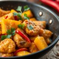 Mango-paprikacurry met kipschnitzel en kruidenrijst