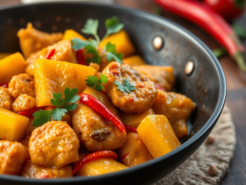 Mango-paprikacurry met kipschnitzel en kruidenrijst, AI-gegenereerde illustratie