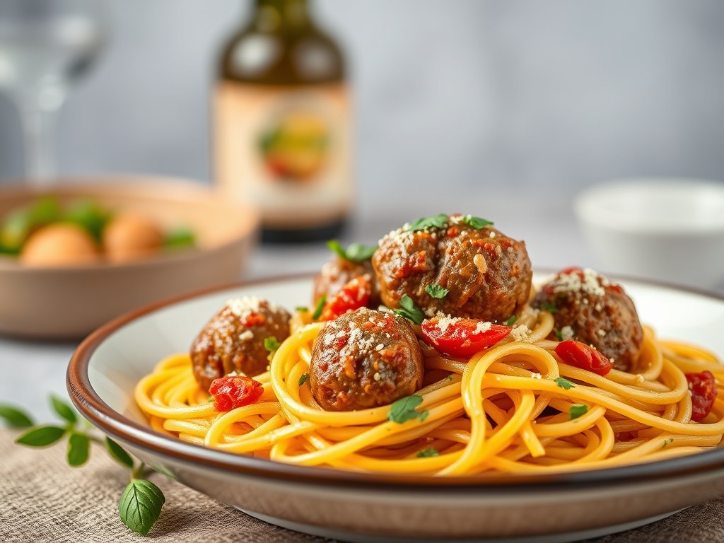 Marokkaanse gehaktballetjes met spaghetti, AI-gegenereerde illustratie