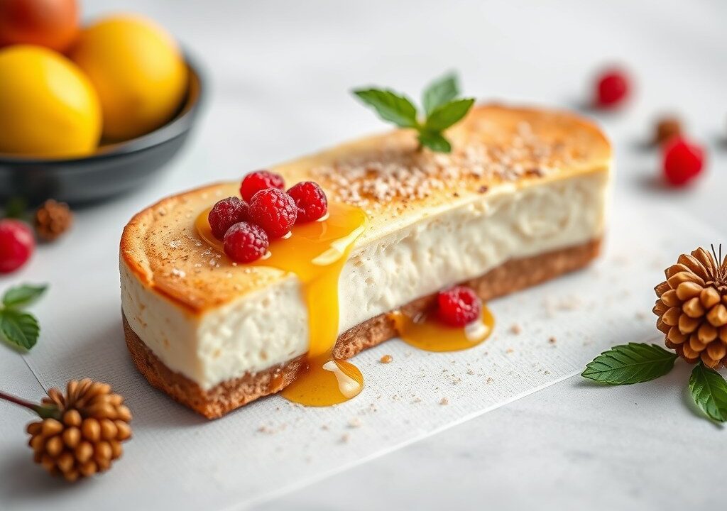Mascarponecake met pruimensaus — AI-gegenereerde illustratie
