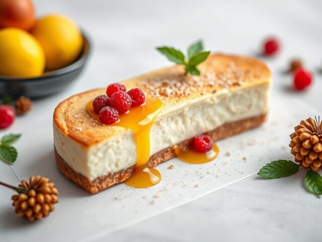 Mascarponecake met pruimensaus — AI-gegenereerde illustratie