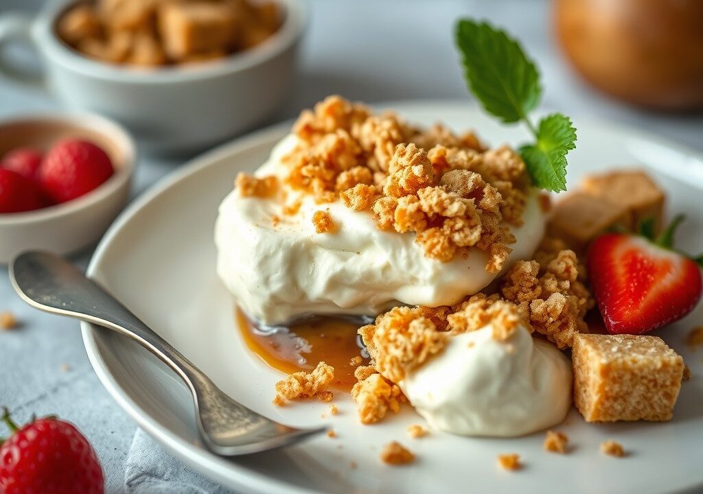 Mascarponecrème met crumble, AI-gegenereerde illustratie