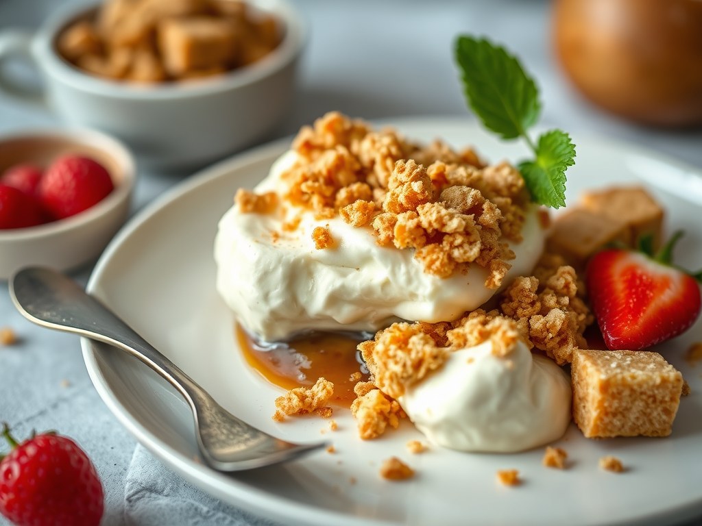 Mascarponecrème met crumble, AI-gegenereerde illustratie