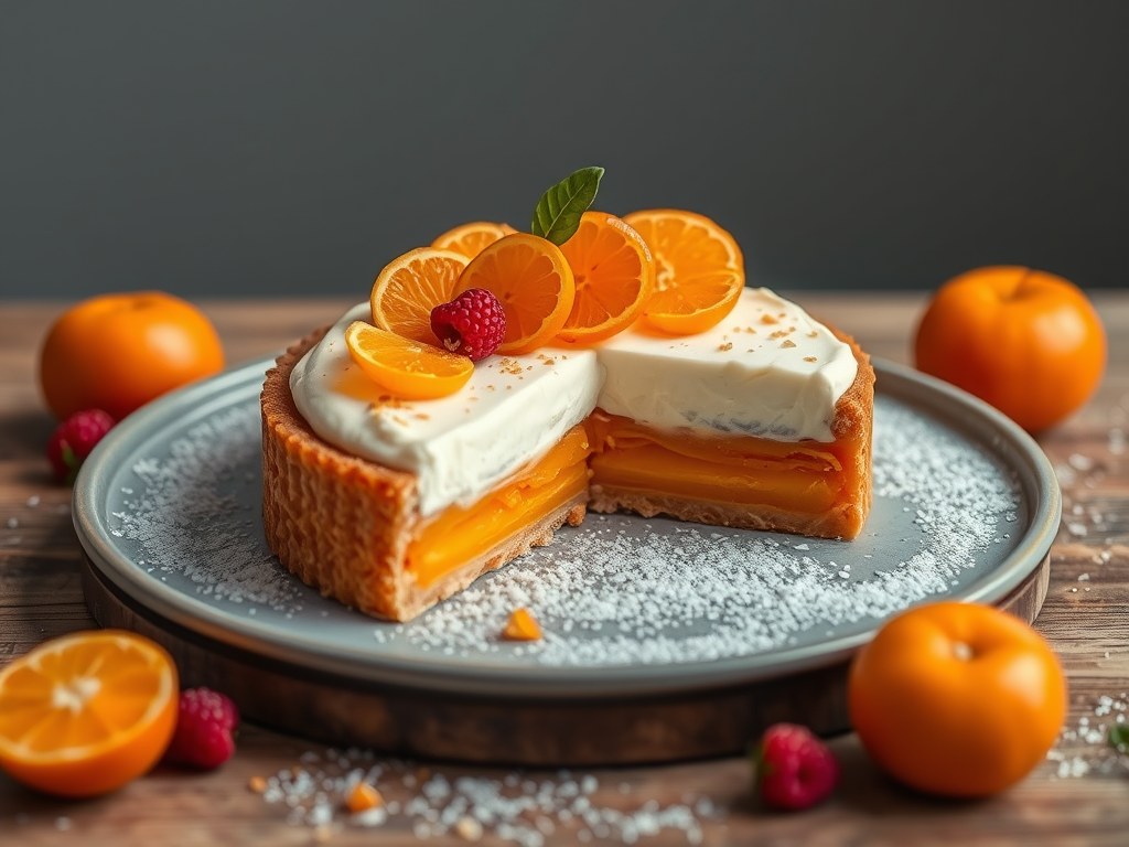 Mascarponetaart met mandarijntjes, geparfumeerd met mandarine napoleon, AI-gegenereerde illustratie