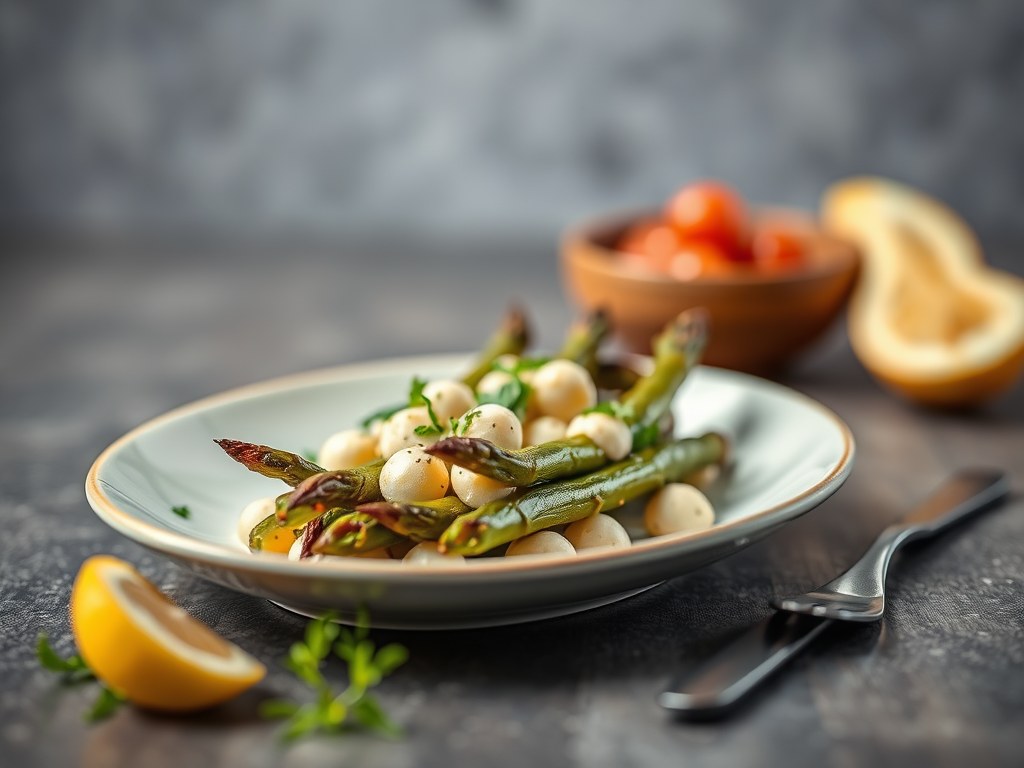 Mechelse asperges met waterkerssalade, AI-gegenereerde illustratie
