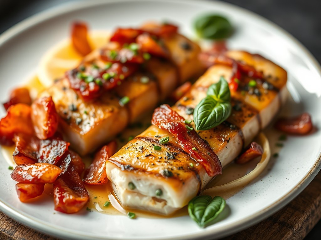Medaillons van kabeljauw met spek en asperges, AI-gegenereerde illustratie