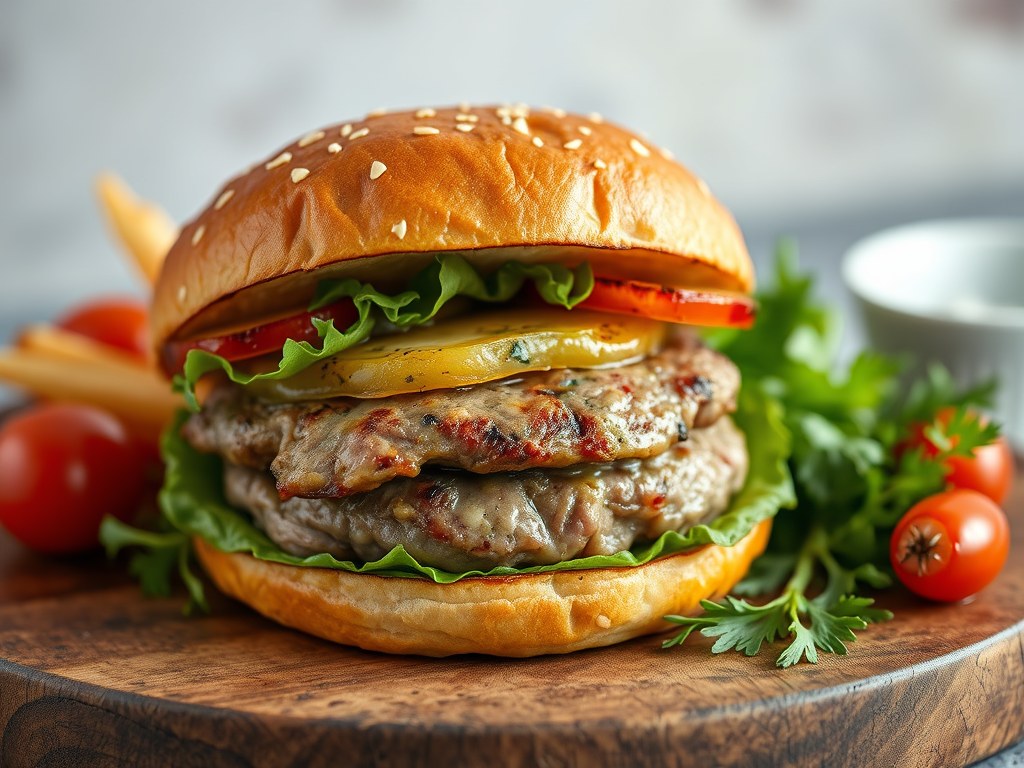 Mediterrane hamburgersandwich, AI-gegenereerde illustratie