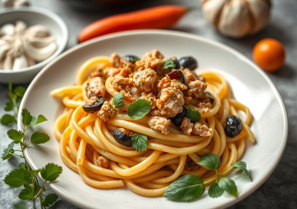 Mediterrane penne met tonijn — AI-gegenereerde illustratie
