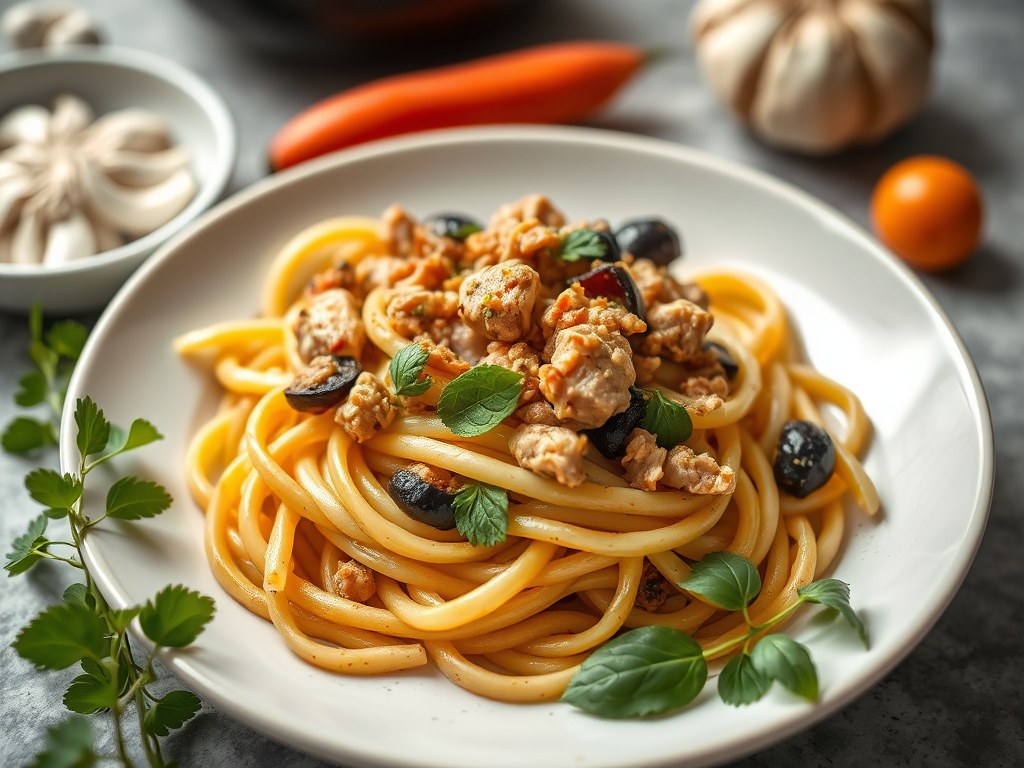 Mediterrane penne met tonijn, AI-gegenereerde illustratie