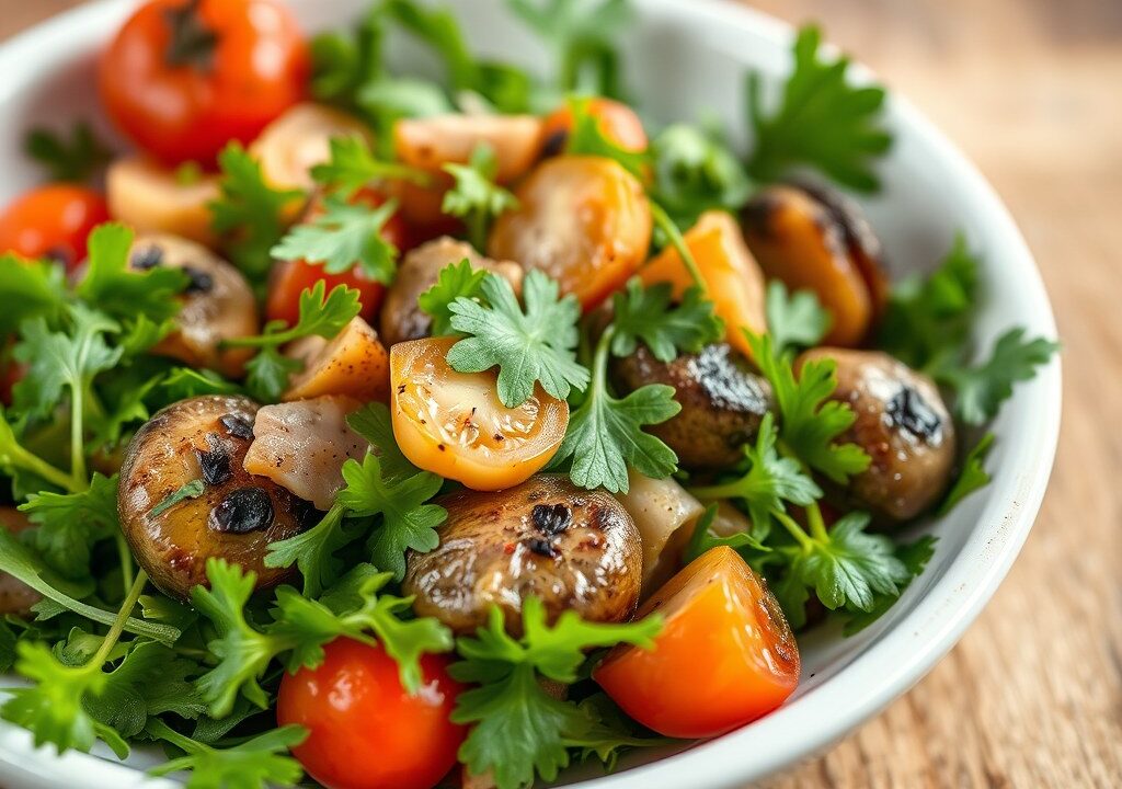 Mediterrane salade van kastanjechampignons — AI-gegenereerde illustratie
