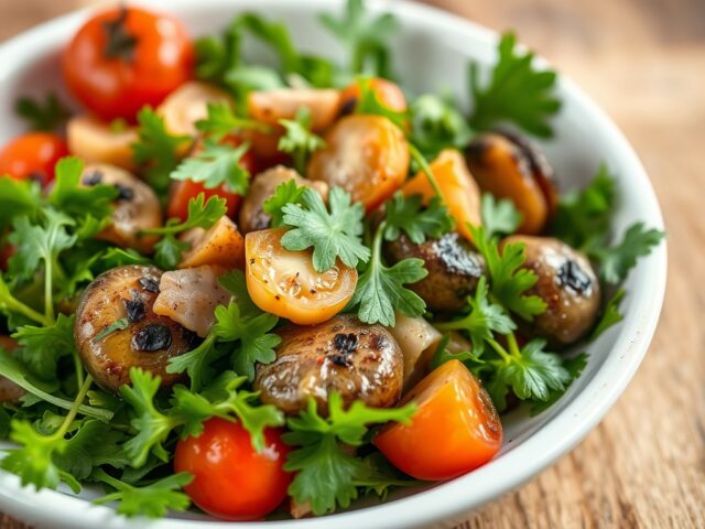 Mediterrane salade van kastanjechampignons — AI-gegenereerde illustratie