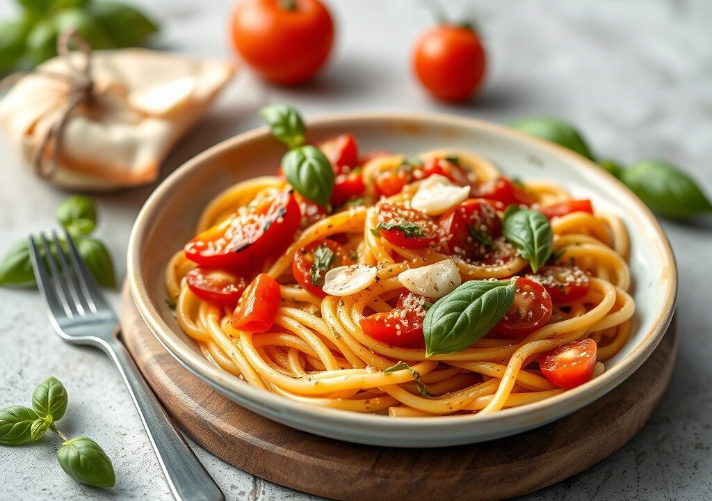 Meditiraanse puntpaprika met pasta en knoflook basilicumpestosaus — AI-gegenereerde illustratie