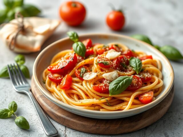 Meditiraanse puntpaprika met pasta en knoflook basilicumpestosaus — AI-gegenereerde illustratie