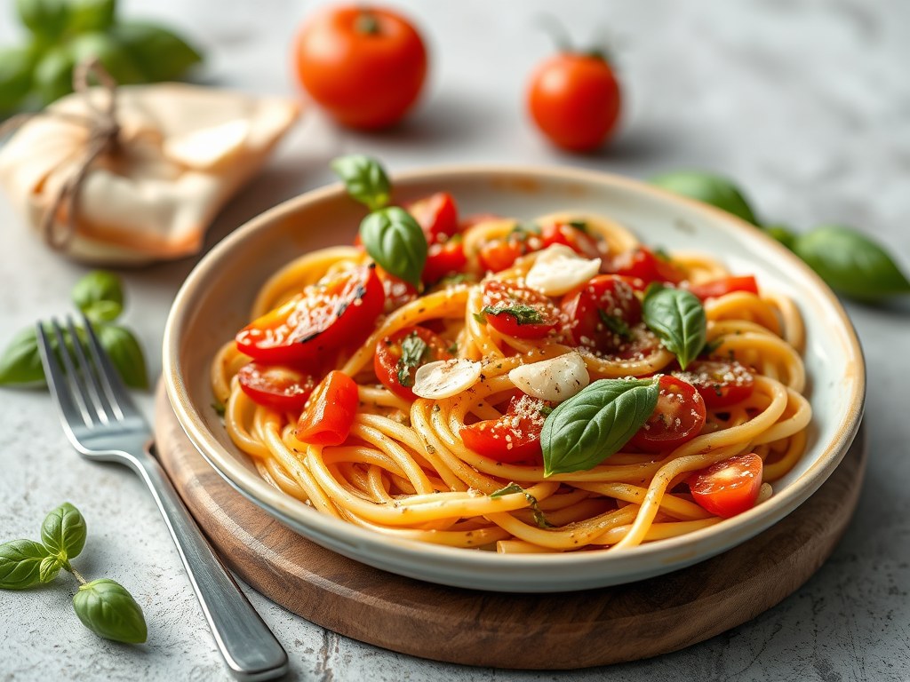 Meditiraanse puntpaprika met pasta en knoflook basilicumpestosaus, AI-gegenereerde illustratie