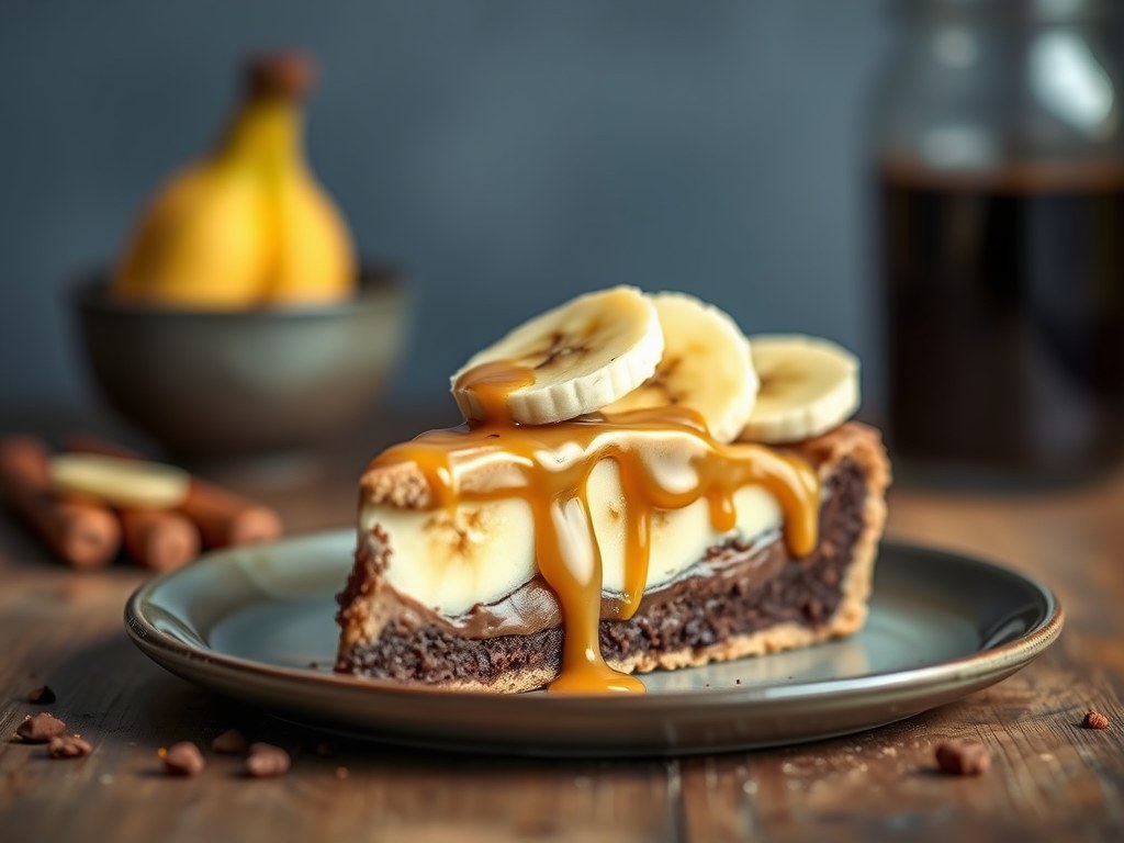 Melkchocoladetaartje met banaan en rumkaramelsiroop, AI-gegenereerde illustratie