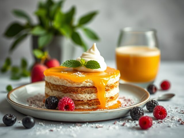 Meloengranité met cake en mascarponemousse — AI-gegenereerde illustratie