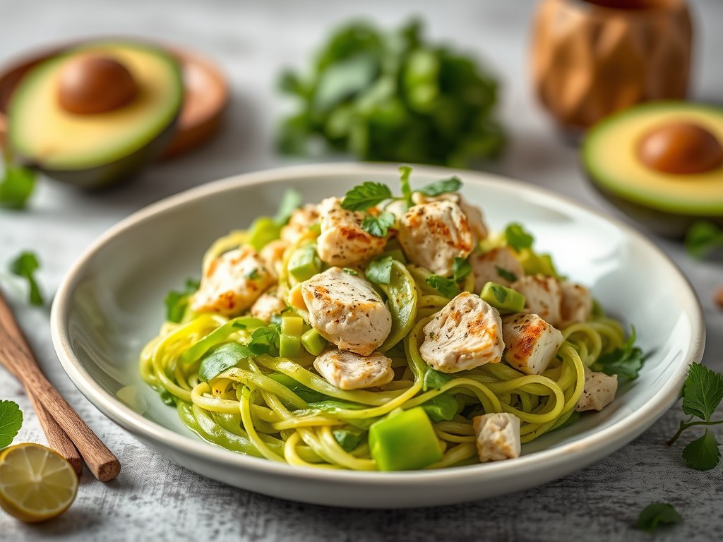 Meloensalade met kip en avocado, AI-gegenereerde illustratie