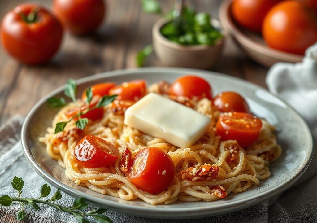 Met erwtjes en parmezaan gevulde tomaten, AI-gegenereerde illustratie
