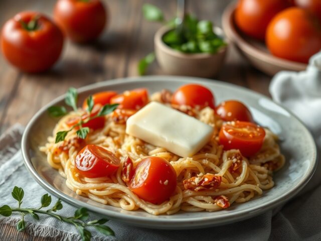Met erwtjes en parmezaan gevulde tomaten — AI-gegenereerde illustratie