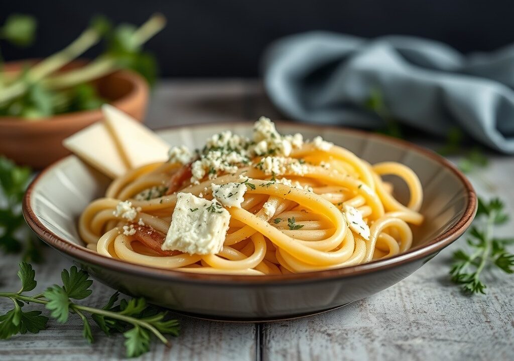 Met gorgonzola gevulde parelhoenbout en verse pasta, AI-gegenereerde illustratie