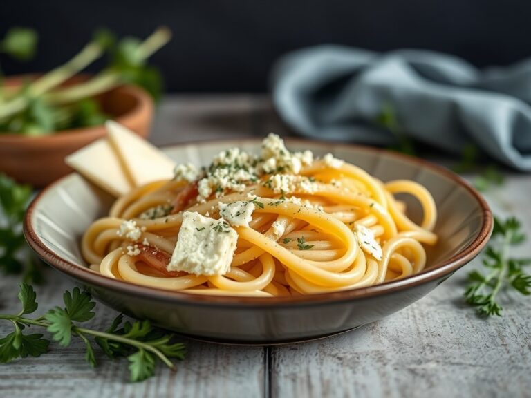 Met gorgonzola gevulde parelhoenbout en verse pasta — AI-gegenereerde illustratie