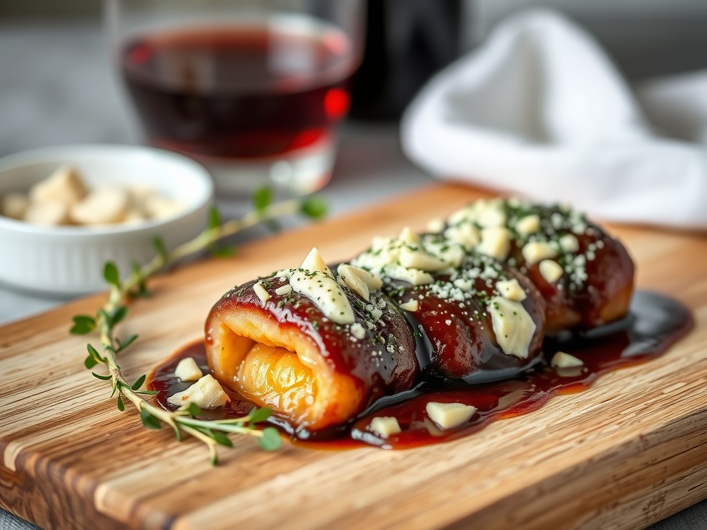 Met gorgonzola gevulde varkenshaas en portsaus, AI-gegenereerde illustratie