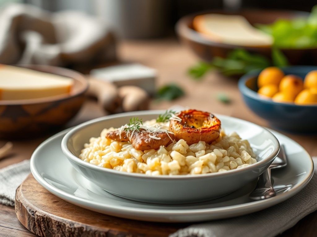Met risotto gevulde pijlinktvisjes, AI-gegenereerde illustratie