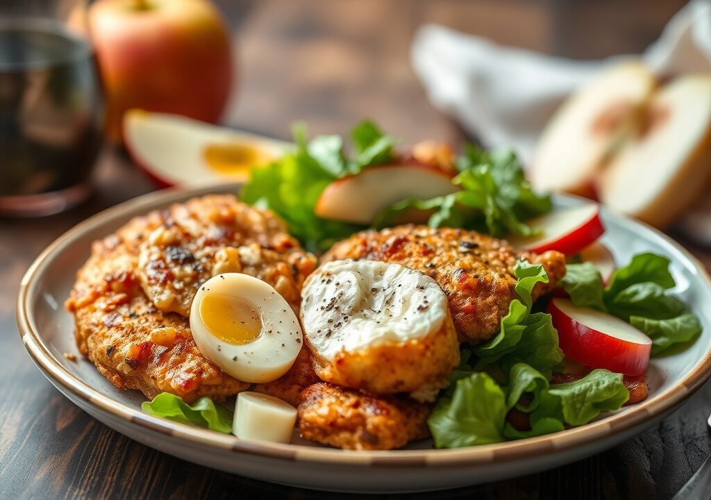 Met speculaas gepaneerde kip en salade met appels, AI-gegenereerde illustratie