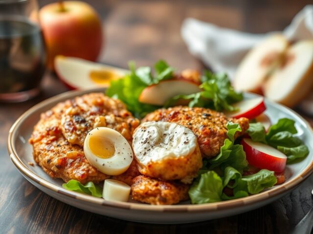 Met speculaas gepaneerde kip en salade met appels — AI-gegenereerde illustratie