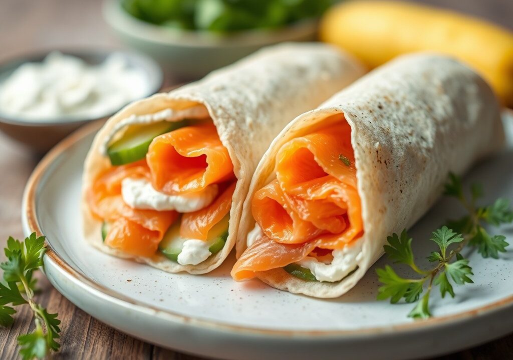 Met zalm gevulde wraps, AI-gegenereerde illustratie