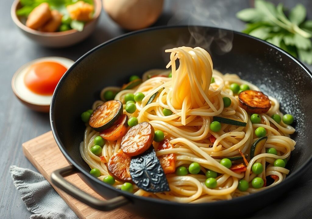 Mie met Chinese kool, gewokte shoarmareepjes, doperwten en courgette — AI-gegenereerde illustratie