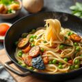 Mie met Chinese kool, gewokte shoarmareepjes, doperwten en courgette