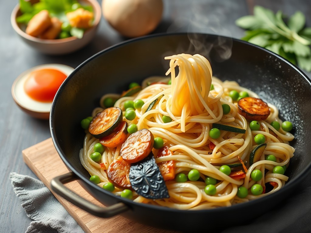 Mie met Chinese kool, gewokte shoarmareepjes, doperwten en courgette, AI-gegenereerde illustratie