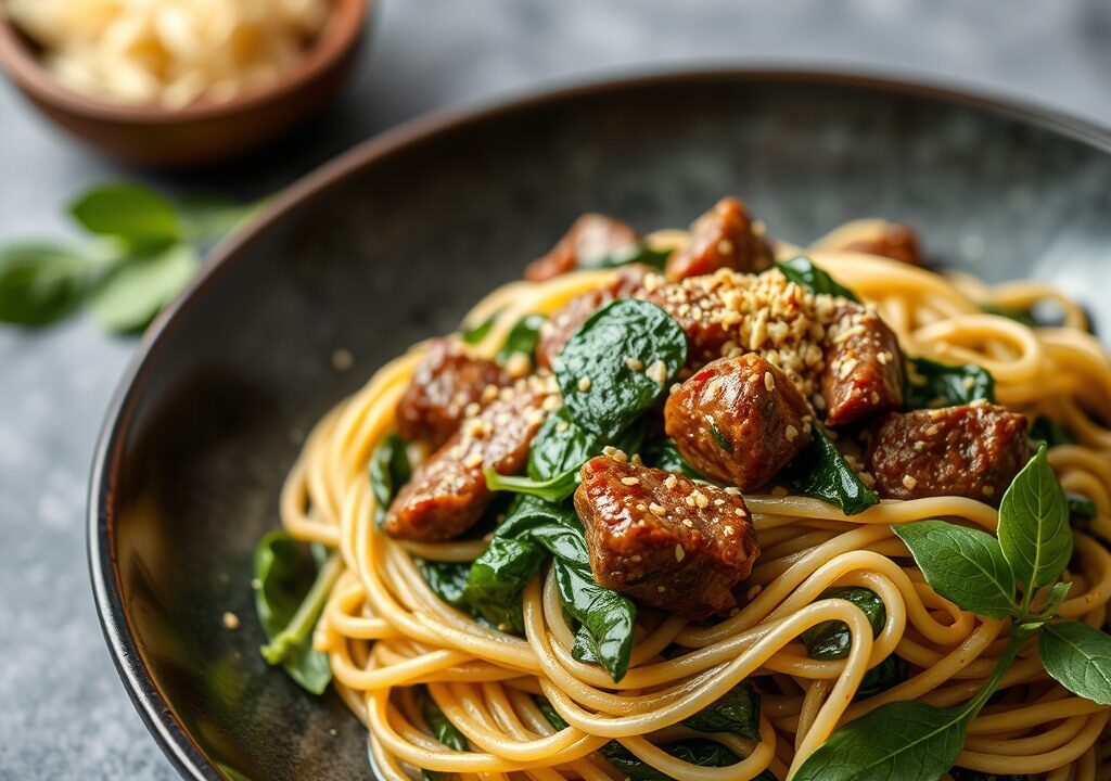 Mie met Spinazie en Rundvlees, AI-gegenereerde illustratie