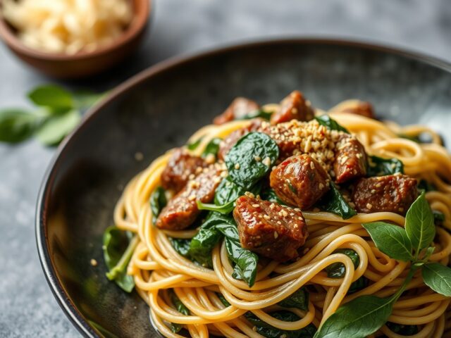 Mie met Spinazie en Rundvlees — AI-gegenereerde illustratie