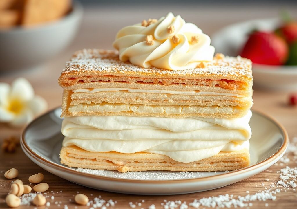 Millefeuille- bakkersroom, witte chocolade + kersen, AI-gegenereerde illustratie