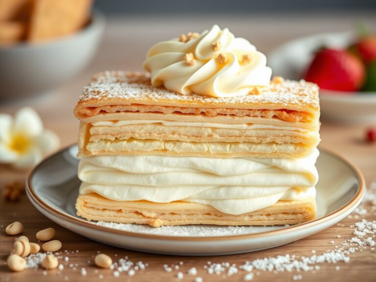 Millefeuille- bakkersroom, witte chocolade + kersen — AI-gegenereerde illustratie