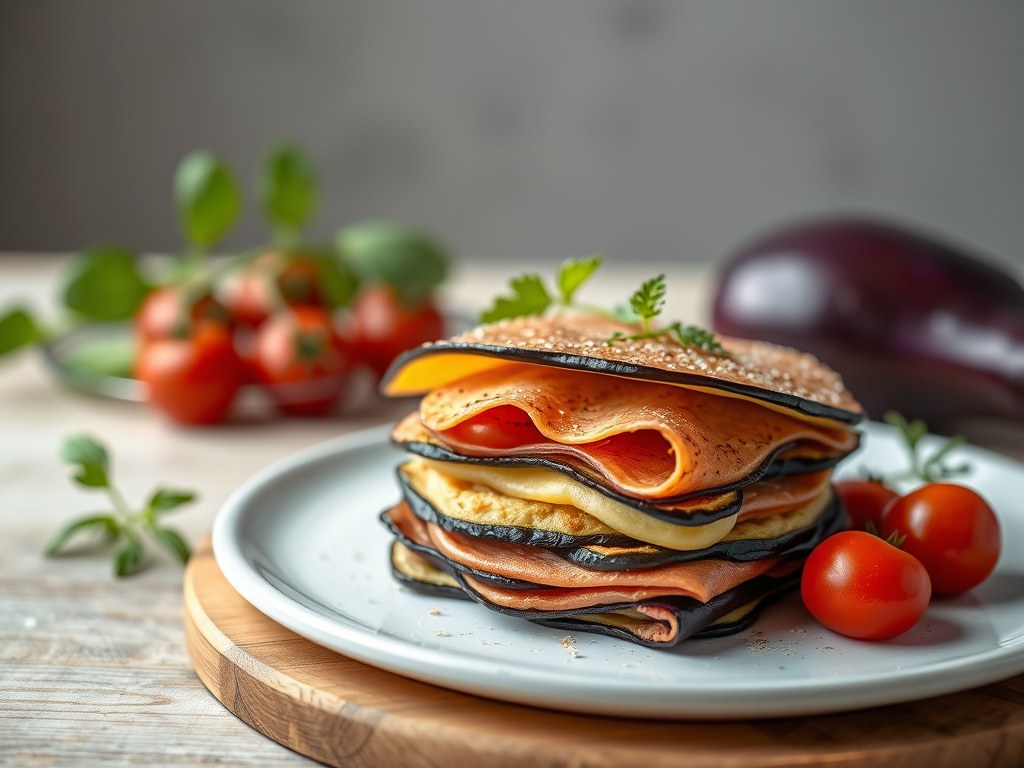 Millefeuille van aubergines met gedroogde ham, AI-gegenereerde illustratie