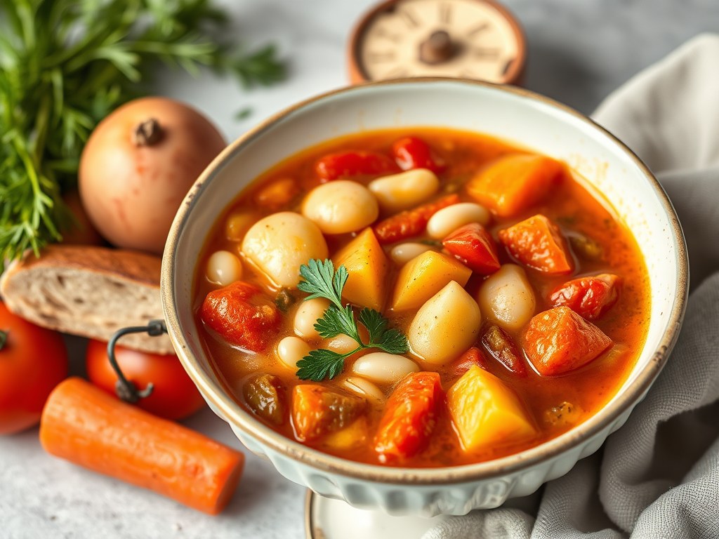 Minestrone met aardappel en witte bonen, AI-gegenereerde illustratie