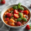 Minestrone van fruit met olijfolie en basilicum