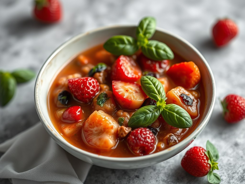 Minestrone van fruit met olijfolie en basilicum, AI-gegenereerde illustratie