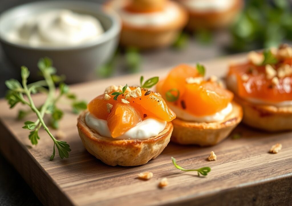 Mini-krieltjes met warmgerookte zalm en ricotta-yoghurtspread — AI-gegenereerde illustratie