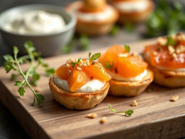 Mini-krieltjes met warmgerookte zalm en ricotta-yoghurtspread — AI-gegenereerde illustratie